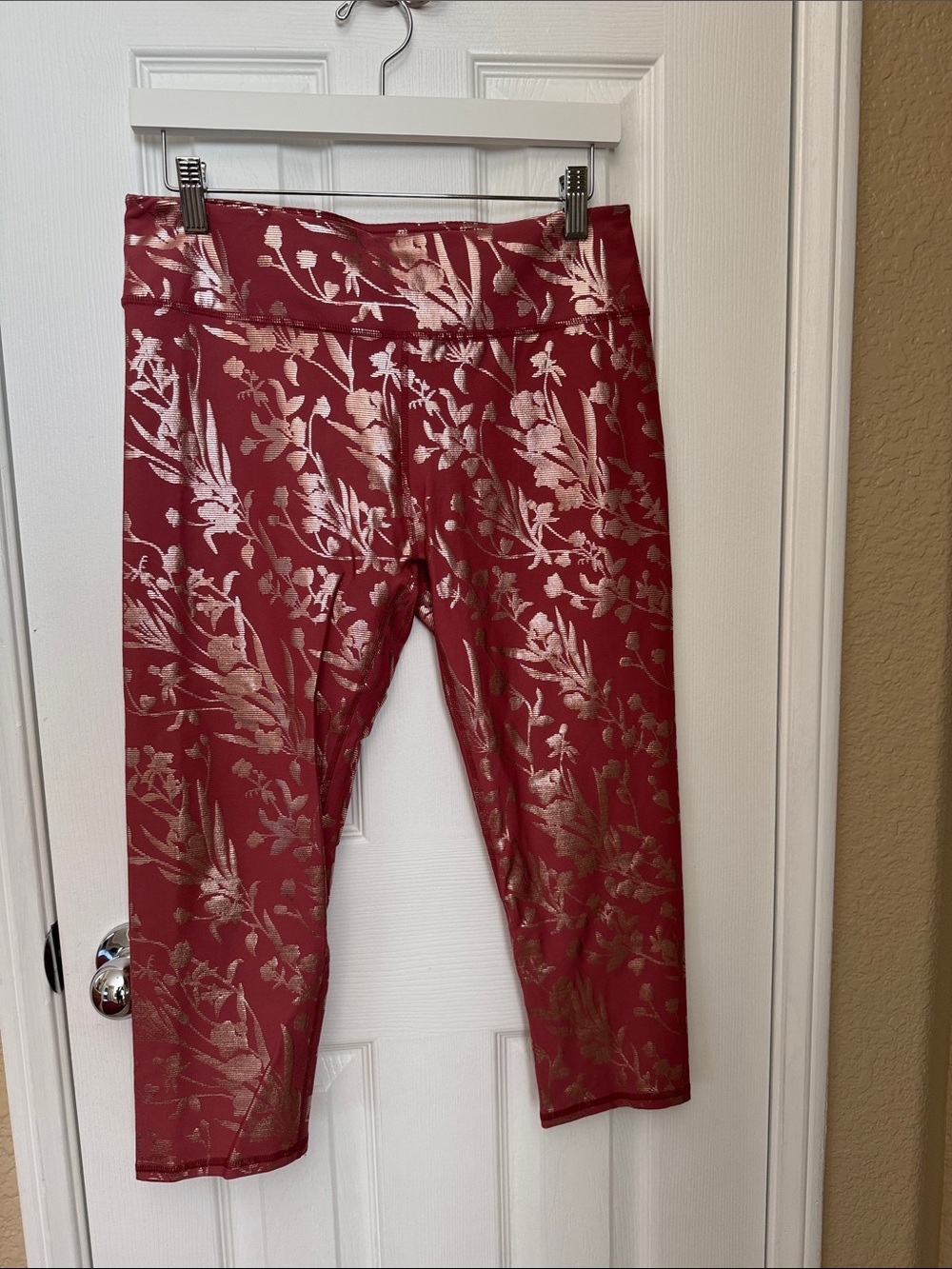 Fabletics Burgundy Leggings with Metallic Gold Floral Print